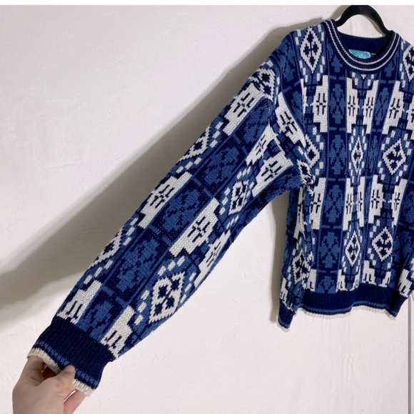 Vintage Botany 500 Blue White Jacquard Crew Neck 80s 90s Dad Sweater L - Picture 7 of 12